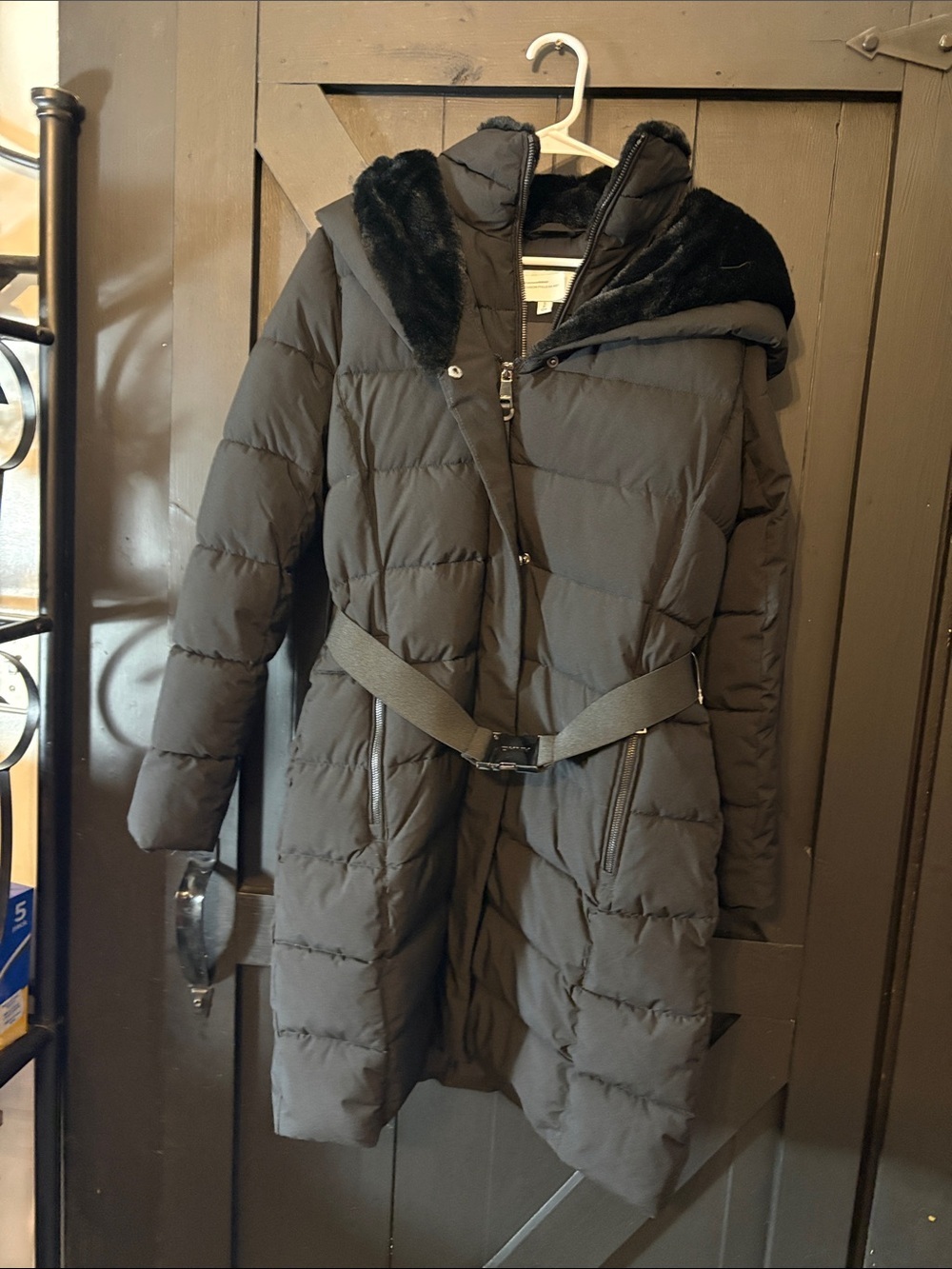 DKNY Black Quilted Long Puffer Coat with Faux Fur Hood and Belt